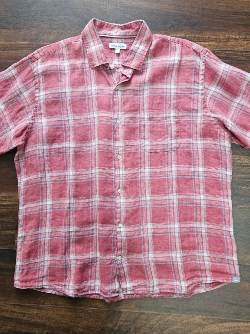 Peter Millar Shirt Mens XL Pink Plaid 100% Linen Short Sleeve Preppy Classic